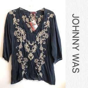 Johnny Was Green Silk Embroidered Top